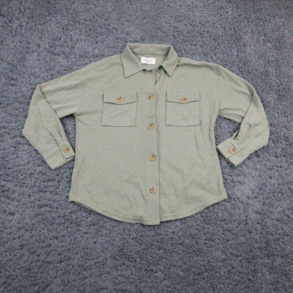 Pinque Button-Up Womens M Green Seagrass Collared Long Sleeve Pockets Knit NWT